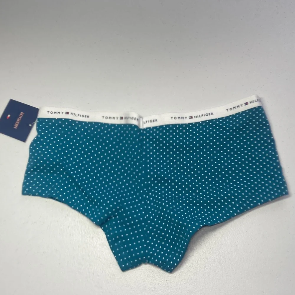 3/$18 Tommy Hilfiger teal polka dot boyshort panty with logo waistband size S - Picture 12 of 17